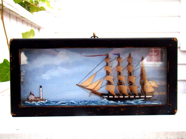 A charming miniature 19th century shadow box diorama of a four-masted ship nearing a lighthouse. — image 2